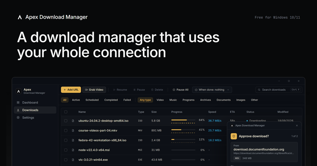 I got tired of Internet Download Manager (IDM) nagging me to pay, so I built my own free one. 3 mont